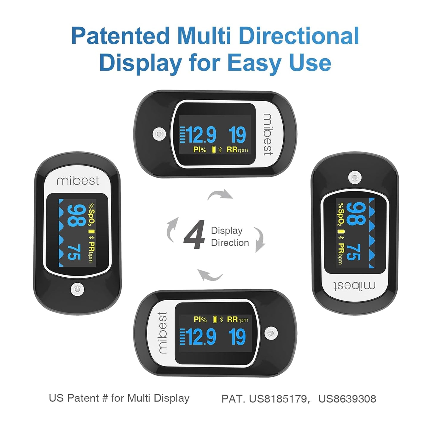 Mibest Bluetooth Pulse Oximeter - Blood Oxygen Saturation Monitor with App - SpO2, Pulse Rate, Respiration Rate, Plethysmograph and PI - Compatible with iOS & Android Smartphones - Free App