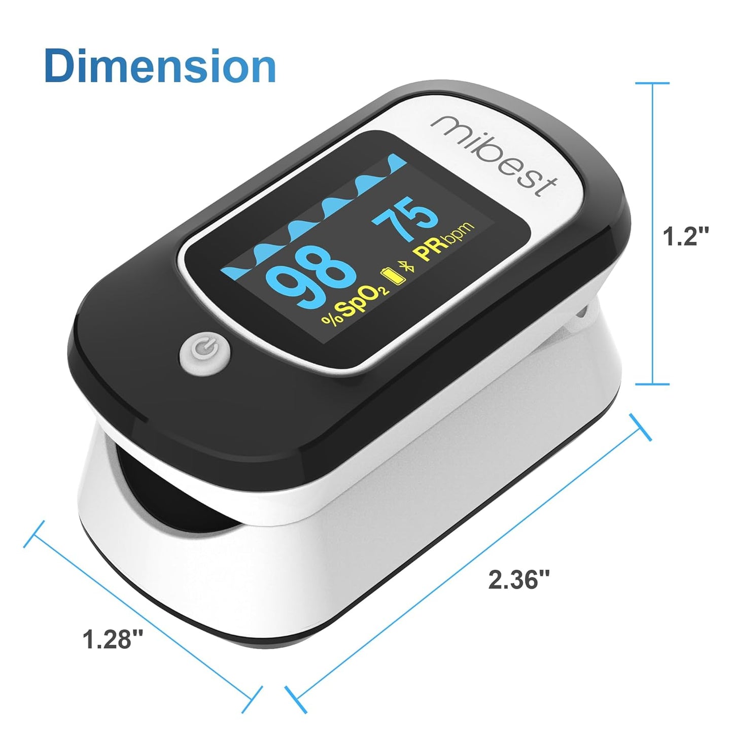 Mibest Bluetooth Pulse Oximeter - Blood Oxygen Saturation Monitor with App - SpO2, Pulse Rate, Respiration Rate, Plethysmograph and PI - Compatible with iOS & Android Smartphones - Free App