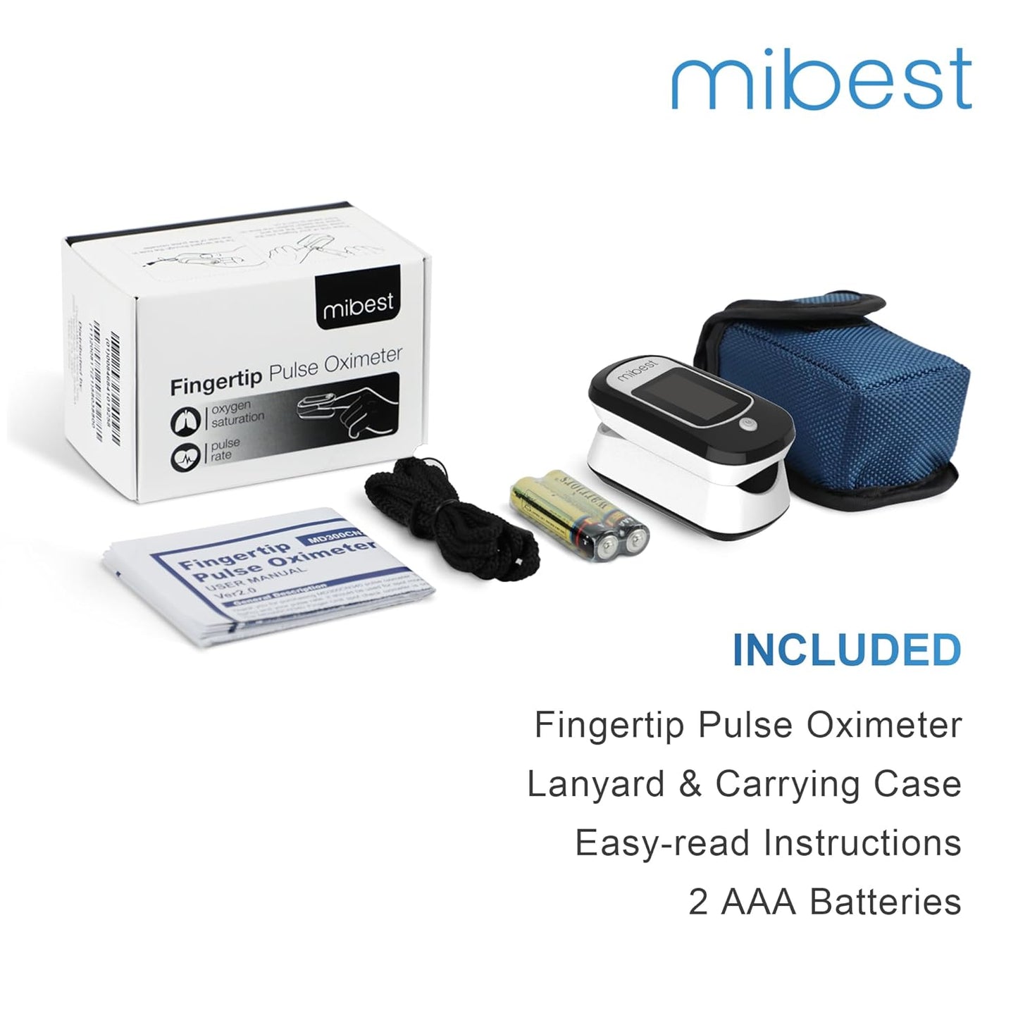 Mibest Bluetooth Pulse Oximeter - Blood Oxygen Saturation Monitor with App - SpO2, Pulse Rate, Respiration Rate, Plethysmograph and PI - Compatible with iOS & Android Smartphones - Free App