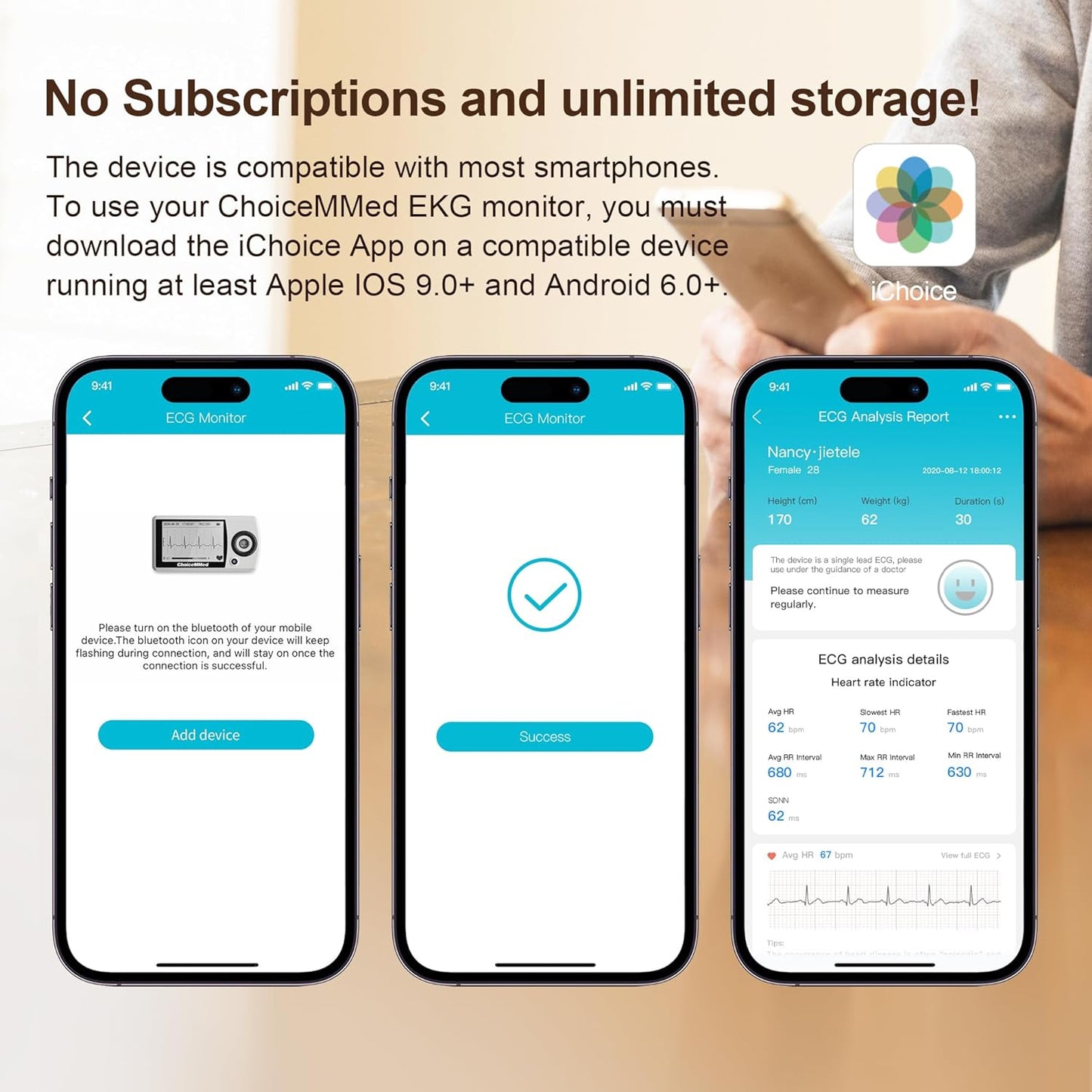 CHOICEMMED Portable ECG Monitor - Record ECG and Heart Rate On-The-Go - Support Storing Up to 200 Records - No Subscription Required