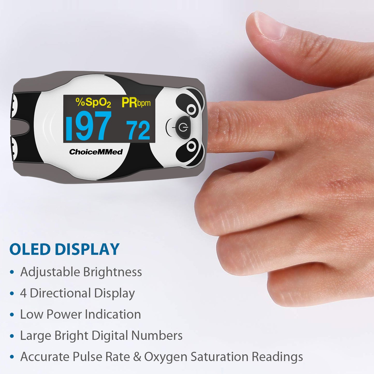 CHOICEMMED OLED Panda Pediatric Pulse Oximeter Fingertip – SP02 Pulse Oximeter for Kids – Children Blood Oxygen Saturation Monitor with Color OLED Screen - Child O2 Saturation Monitor with Batteries (Not for Infant or Newborn)
