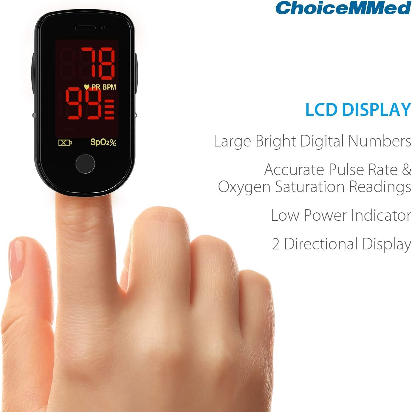 ChoiceMMed Black Finger Pulse Oximeter - Blood Oxygen Saturation Monitor Great as SPO2 Pulse Oximeter - Portable Oxygen Sensor with Included Batteries - O2 Saturation Monitor with Carry Pouch