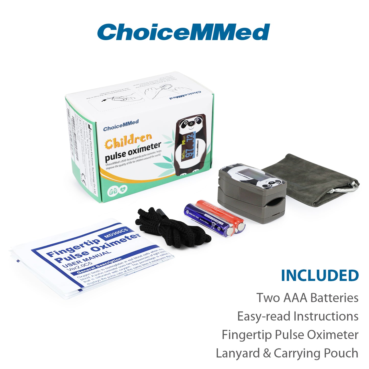 CHOICEMMED OLED Panda Pediatric Pulse Oximeter Fingertip – SP02 Pulse Oximeter for Kids – Children Blood Oxygen Saturation Monitor with Color OLED Screen - Child O2 Saturation Monitor with Batteries (Not for Infant or Newborn)