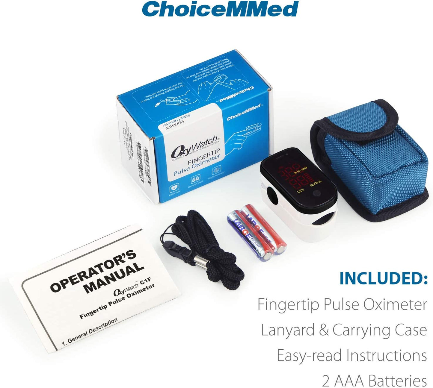 ChoiceMMed Black Finger Pulse Oximeter - Blood Oxygen Saturation Monitor Great as SPO2 Pulse Oximeter - Portable Oxygen Sensor with Included Batteries - O2 Saturation Monitor with Carry Pouch