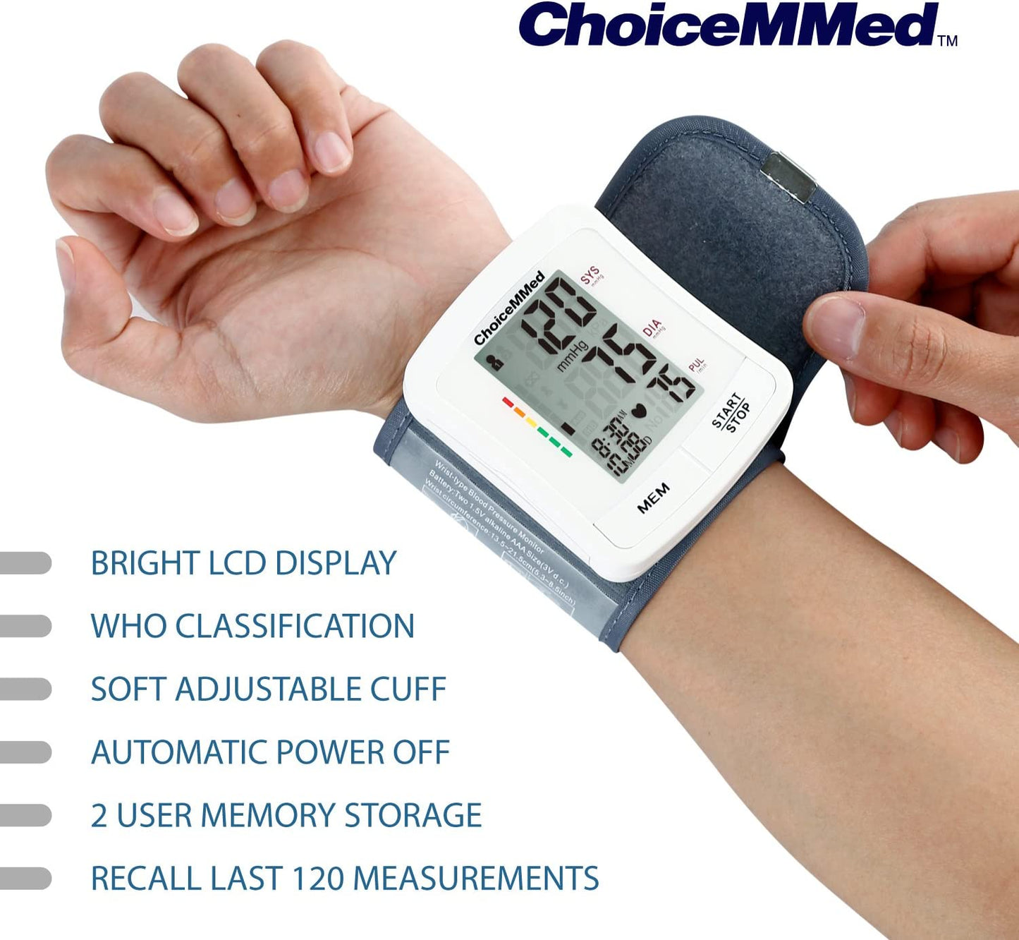 CHOICEMMED Wrist Blood Pressure Monitor - BP Cuff Meter with Display - Blood Pressure Machine up 5.3"-8.5" Wrists - Blood Pressure Tester Kit with Case - Blood Pressure Gauge with Memory