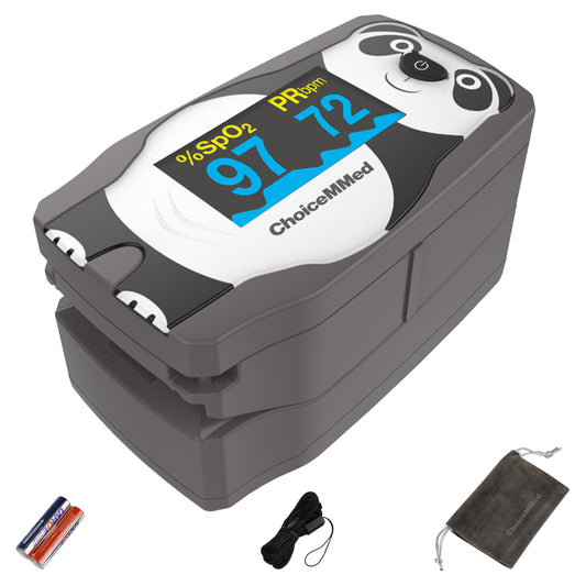CHOICEMMED OLED Panda Pediatric Pulse Oximeter Fingertip – SP02 Pulse Oximeter for Kids – Children Blood Oxygen Saturation Monitor with Color OLED Screen - Child O2 Saturation Monitor with Batteries (Not for Infant or Newborn)